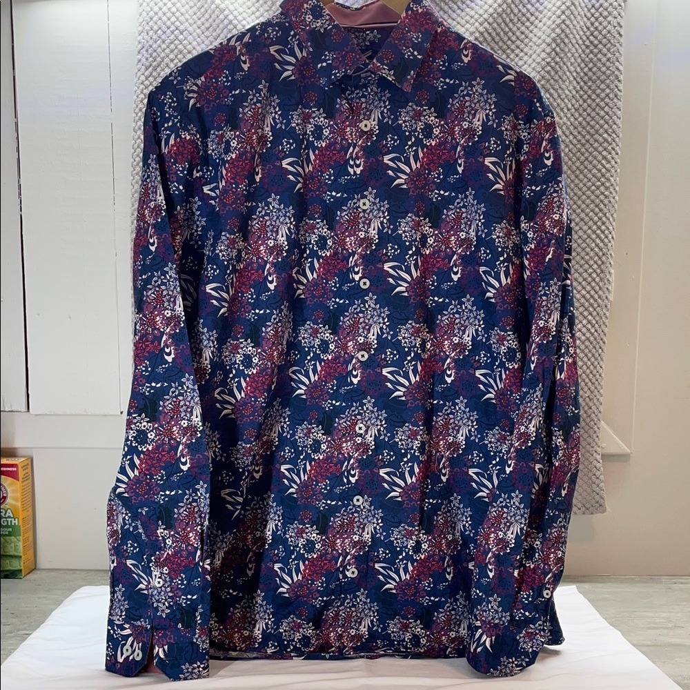 Soul of London‎ Mens Floral Button Down Shirt Navy Burgundy Semi Fitted Size 17